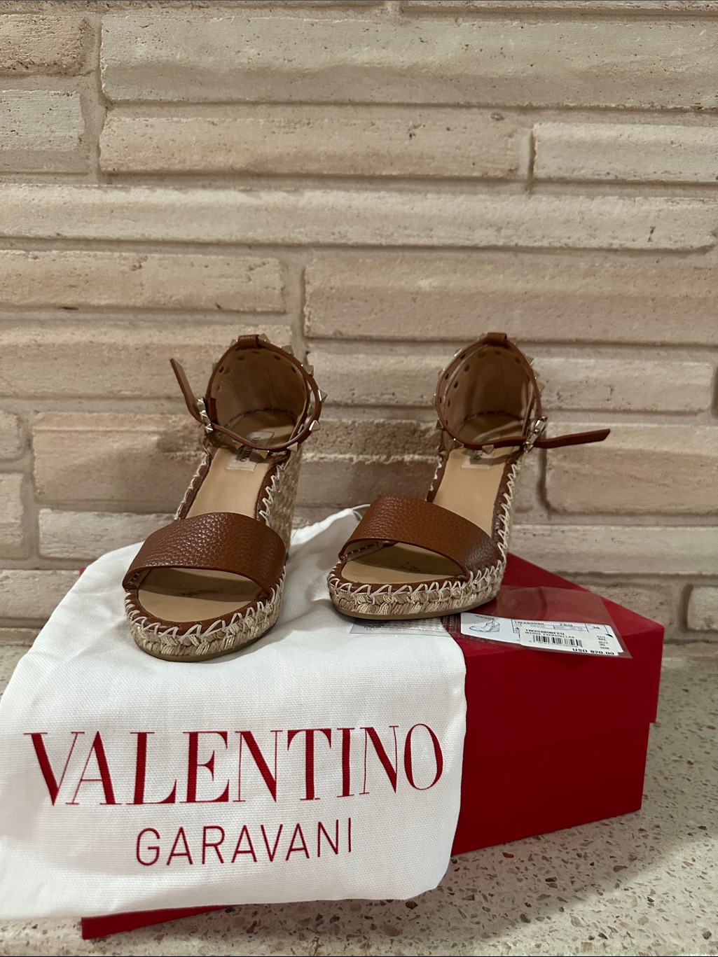 Valentino Garavani Tan Leather Espadrille Ankle-Strap Wedges